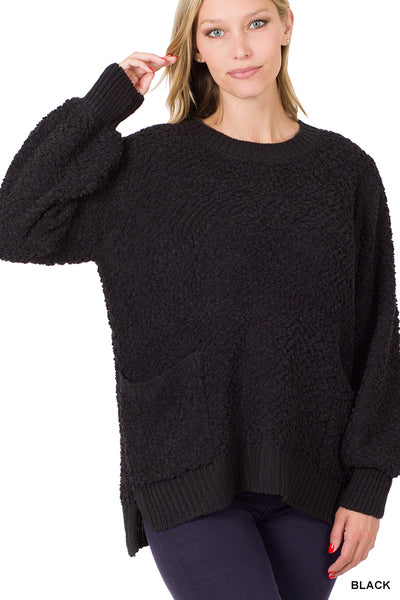 Black Front Pocket Popcorn Sweater with Side Slits