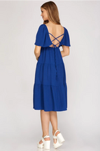 Load image into Gallery viewer, Royal Blue Back Tie Tiered Dress with V Shape Neckline
