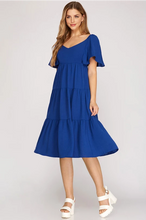 Load image into Gallery viewer, Royal Blue Back Tie Tiered Dress with V Shape Neckline
