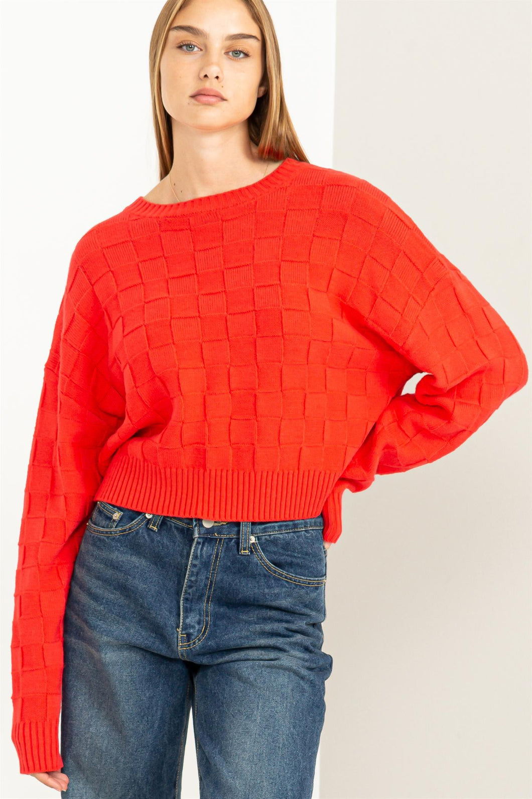 Red Drama Long Sleeve Square Pattern Sweater