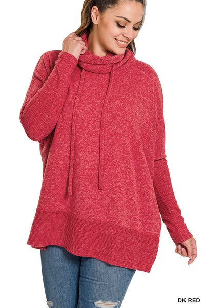 Dark Red Brushed Hacci Cowl Neck Sweater
