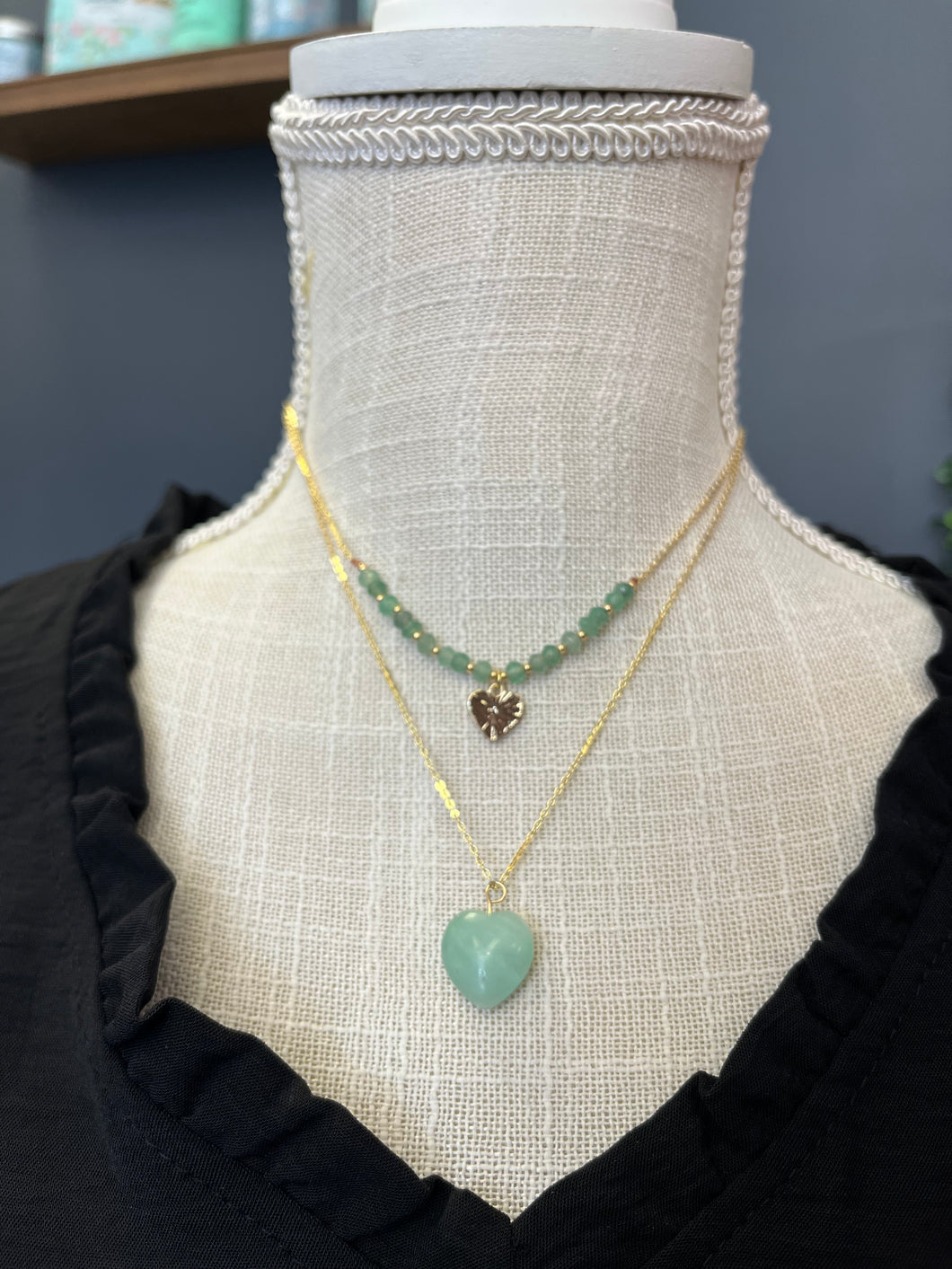 Gold Dainty Necklace with Green Heart Stone Detail