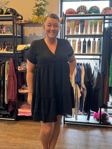Black Drop Shoulder Sleeve V Neck Woven Dress
