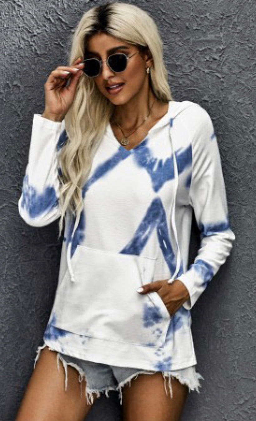 Blue Tie Dye Knit Hooded Top