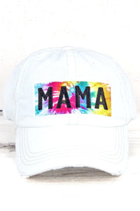 Distressed White with Tie-Dye 'Mama' Cap