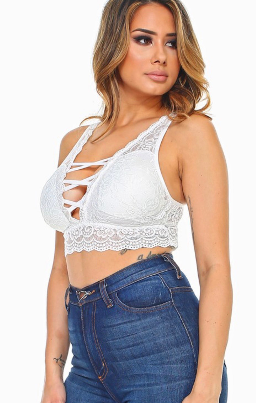 White- Stretch Lace Scalloped Crisscross Strappy Bralette