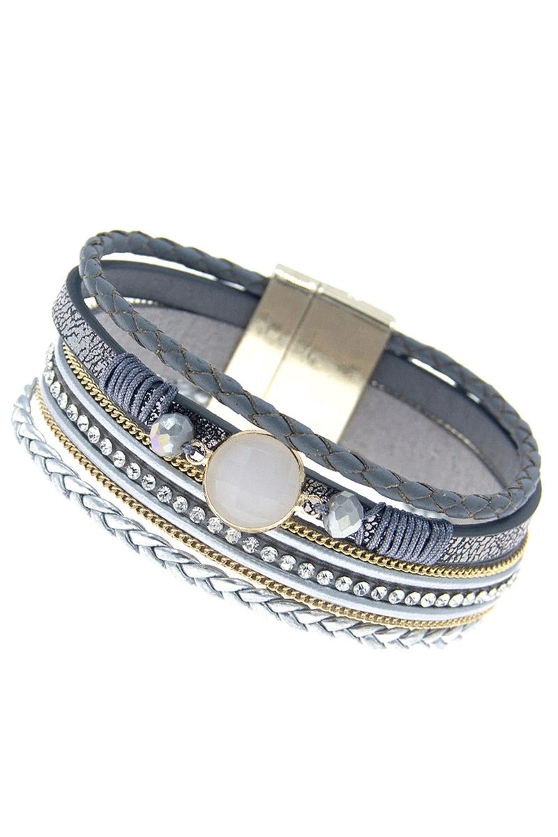 White Faceted Stone Gray Multi-Strand Magnetic Bracelet