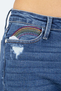 Judy Blue Medium High Rise Rainbow Embroidery Straight Leg