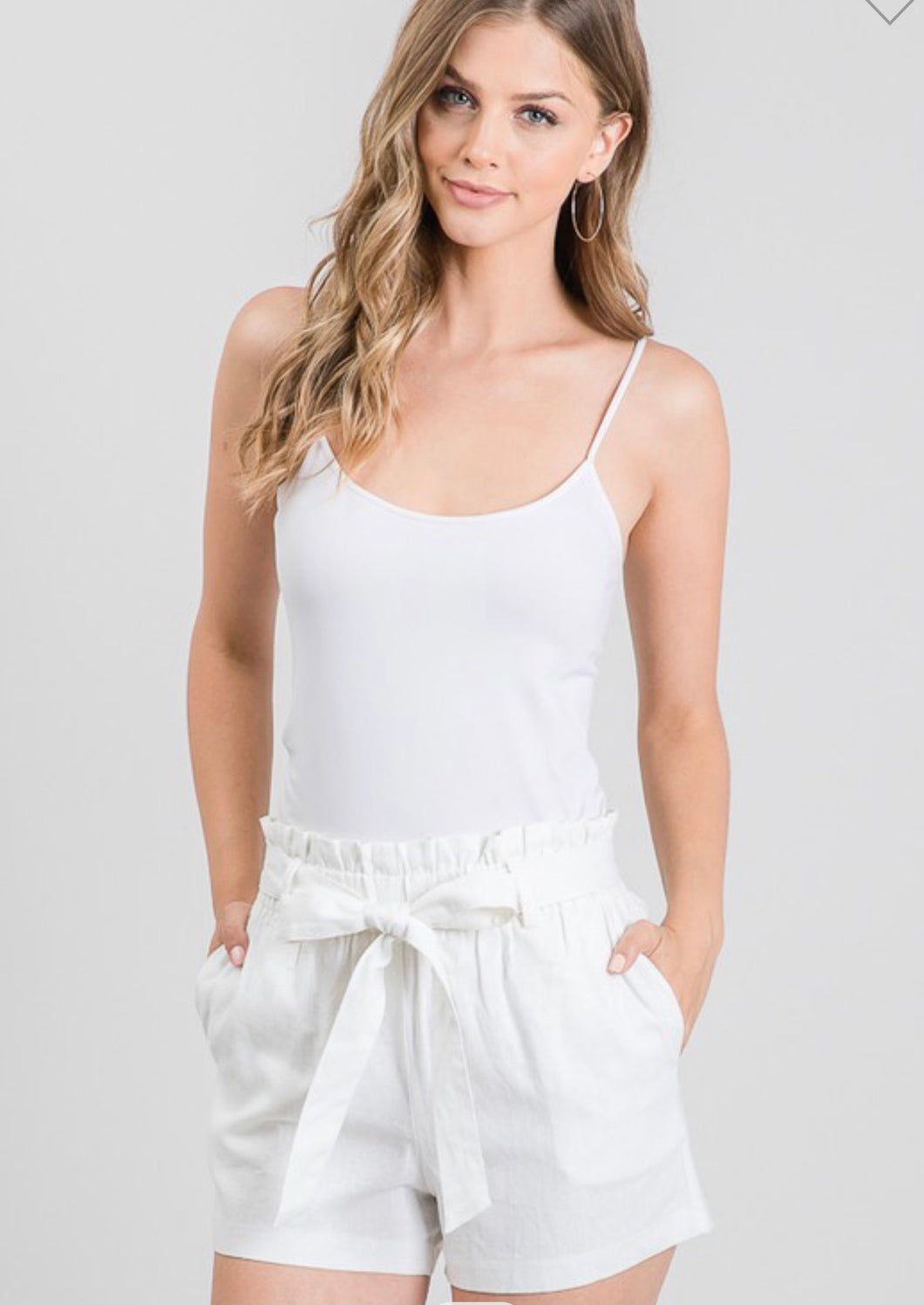 Ivory Front Tie Waist Linen Paper Bag Shorts