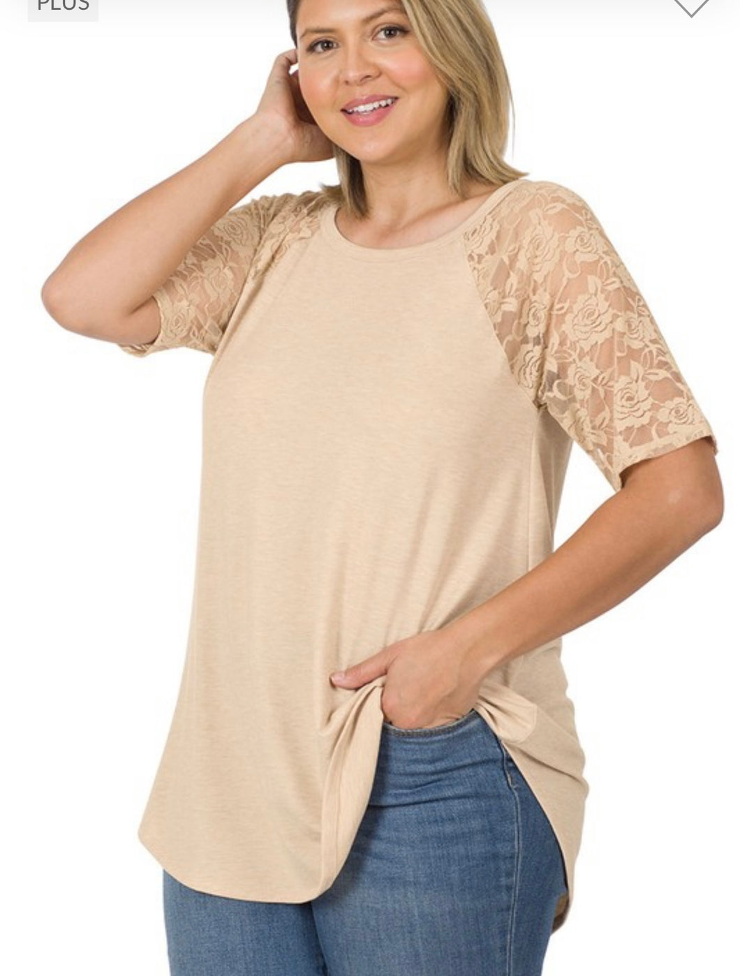Heather Beige Lace Detail Round Neck Top