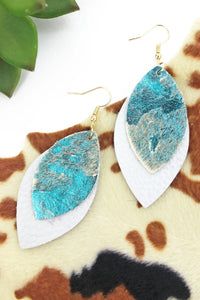 Turquoise Cowhide and White Layered Marquise Earrings