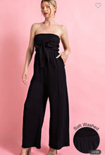 Load image into Gallery viewer, Black Soft Washed Gauze Open Shoulder Smocked Jumpsuit

