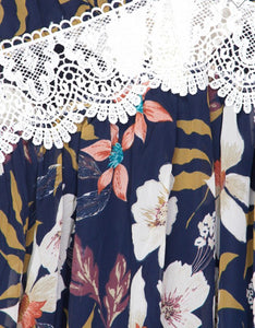 Navy Lace Trim Contrast Plunged V Neck Floral Dress