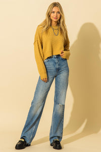 Honey Mustard Round Neck Long Sleeve Textured Sweater