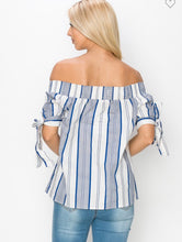 Load image into Gallery viewer, Blue Striped Off the Shoulder Top
