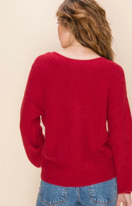 Red Fuzzy Twisted Knotted Long Sleeve Sweater