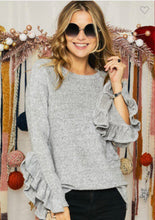Load image into Gallery viewer, Heather Grey Ruffle Style Sleeve Light Sweater Top
