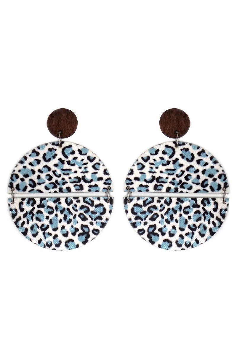 Gray Leopard Split Disk Wood Earrings