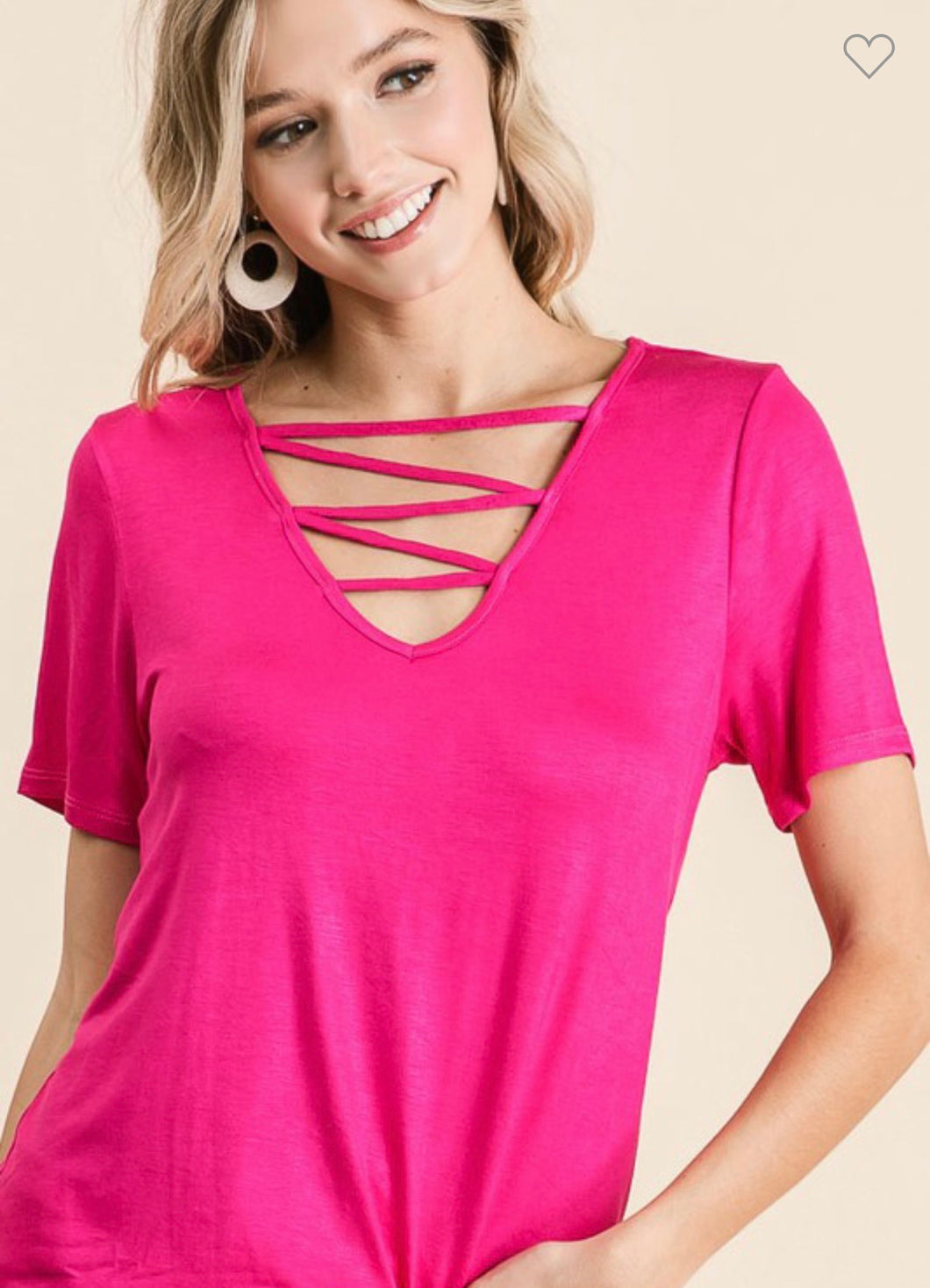 Fuschia Jersey Knit V Neck Tee with Cage Neck