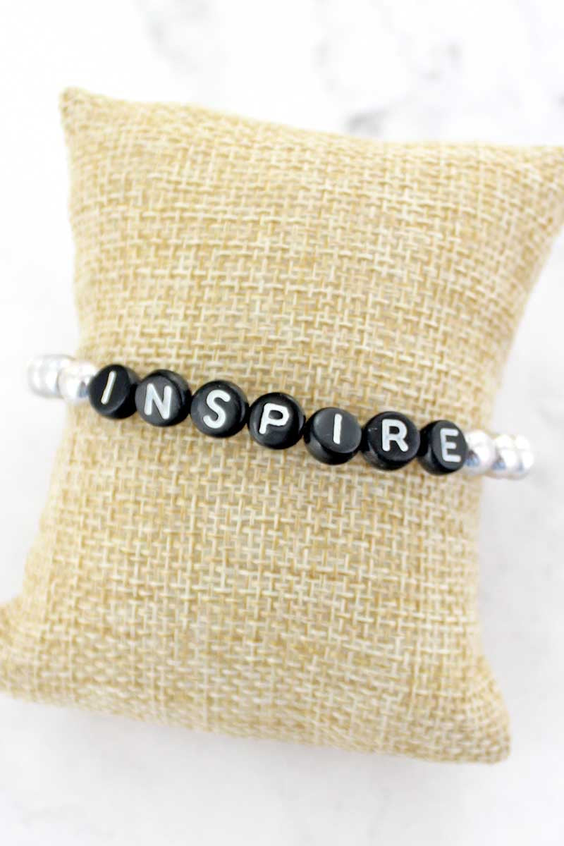 Black Tiled Letter 'Inspire' Worn Silvertone Bead Bracelet
