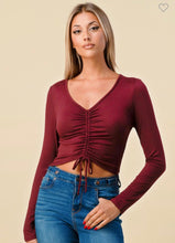 Load image into Gallery viewer, Burgundy Ruched V-Neck Long Sleeve Crop Top
