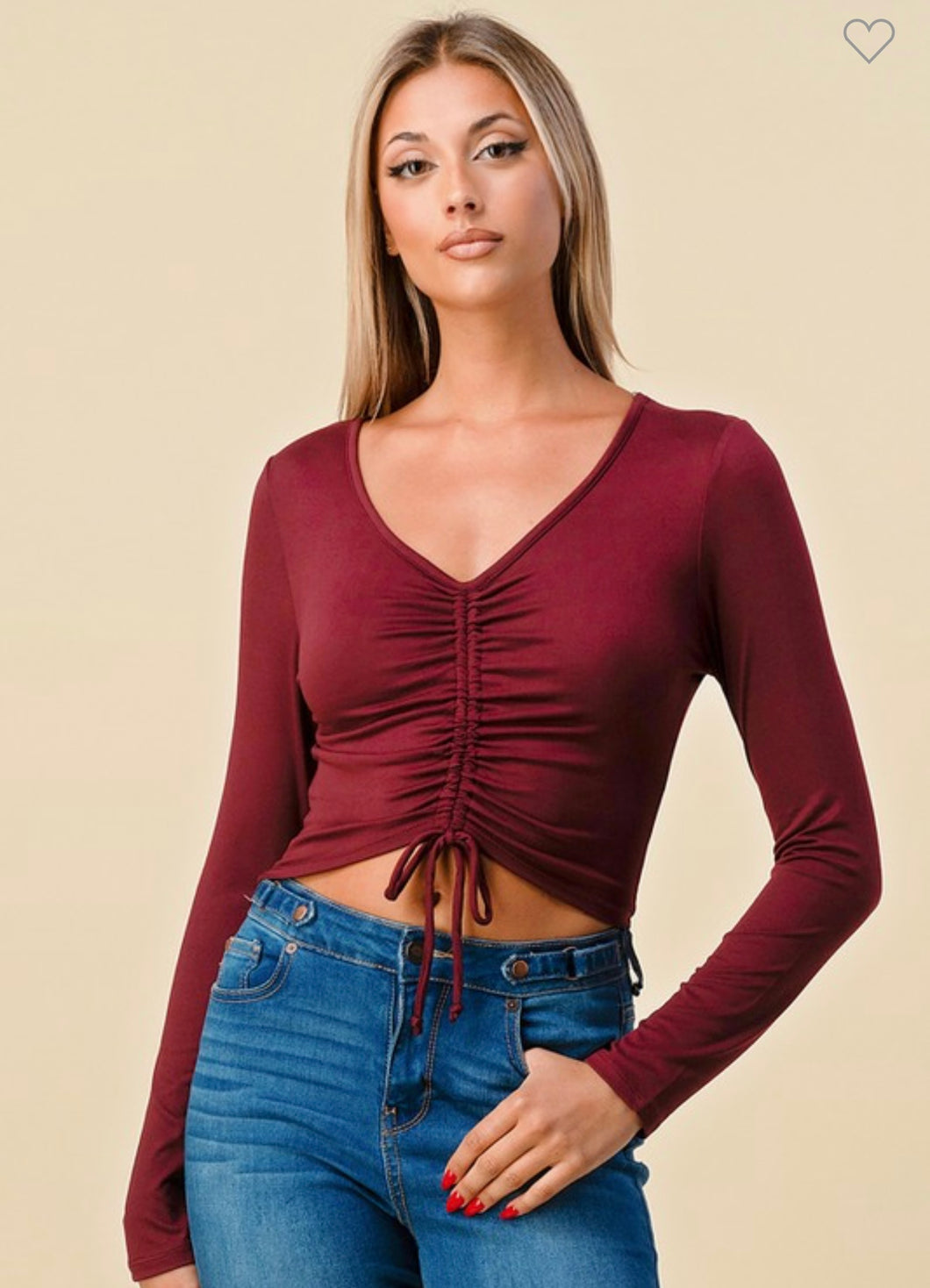 Burgundy Ruched V-Neck Long Sleeve Crop Top