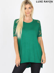 Green Lace Sleeve High Low Side Slit Top