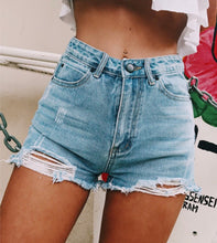 Load image into Gallery viewer, Light Blue Distressed Denim Shorts
