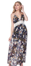 Load image into Gallery viewer, Navy Lace Trim Contrast Plunged V Neck Floral Dress
