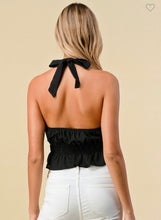Load image into Gallery viewer, Black Halter Neck Ruffled Waist Crop Top
