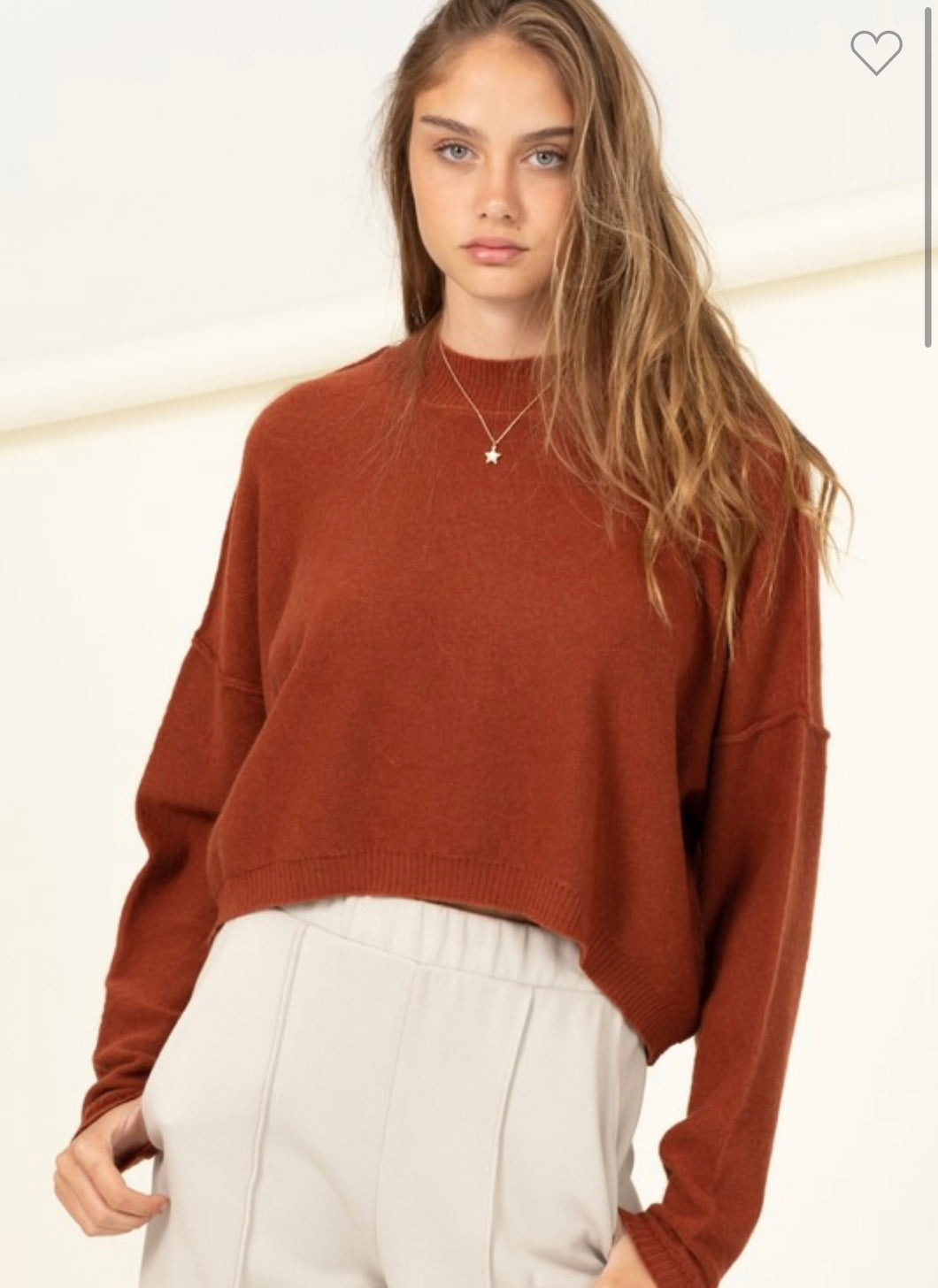Rust Cropped Mock Neck Sweater