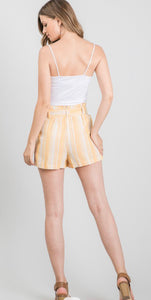 Mustard Ivory Striped Linen Front Tie Shorts