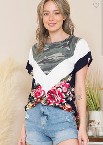 Black Floral and Camo Color Block Tunic Top