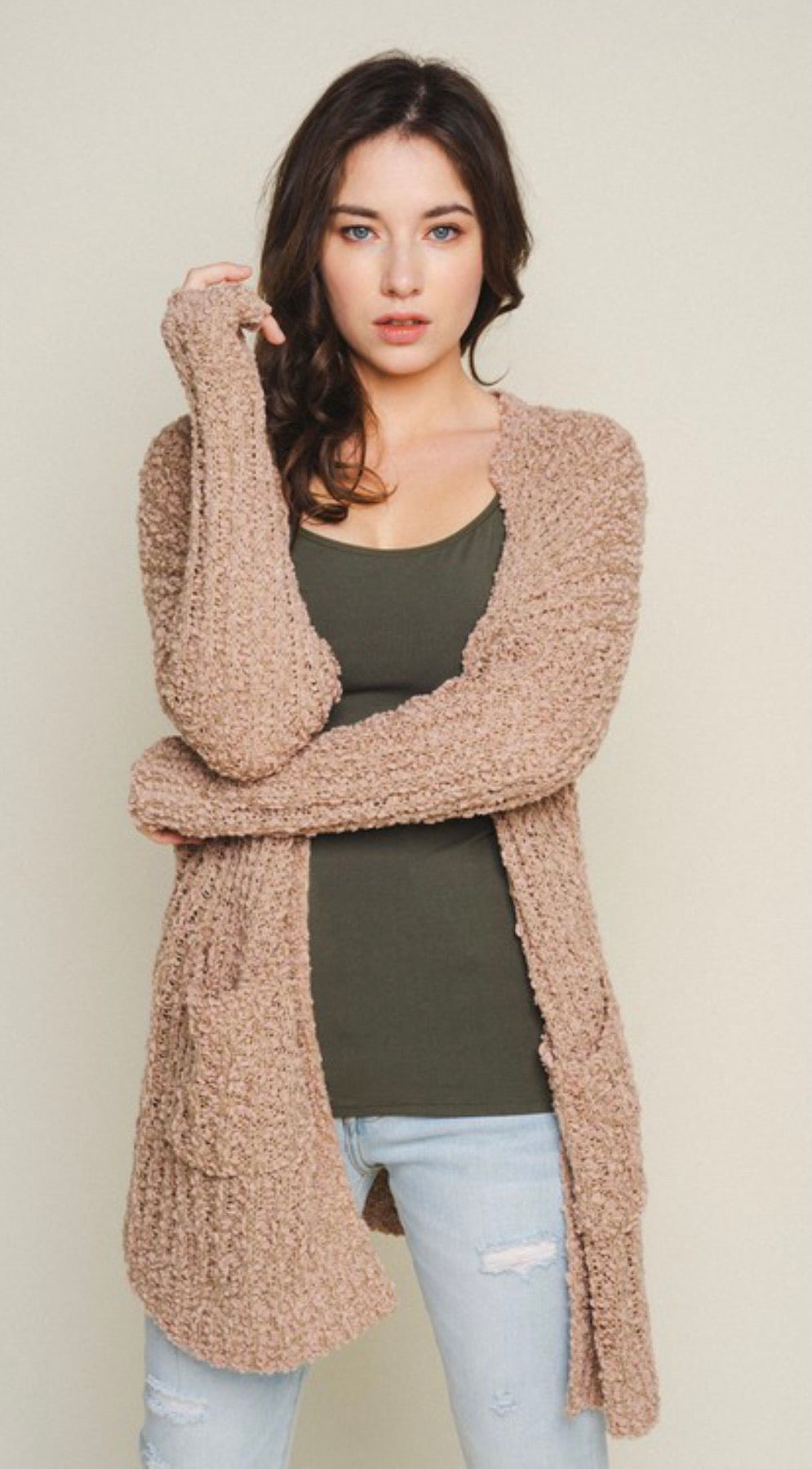 Taupe Light Popcorn Long Sleeved Ribbed Sweater