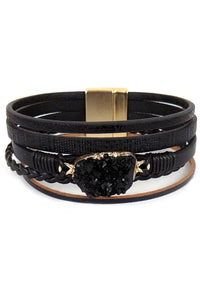Black Druzy Multi-Strand Faux Leather Magnet Bracelet