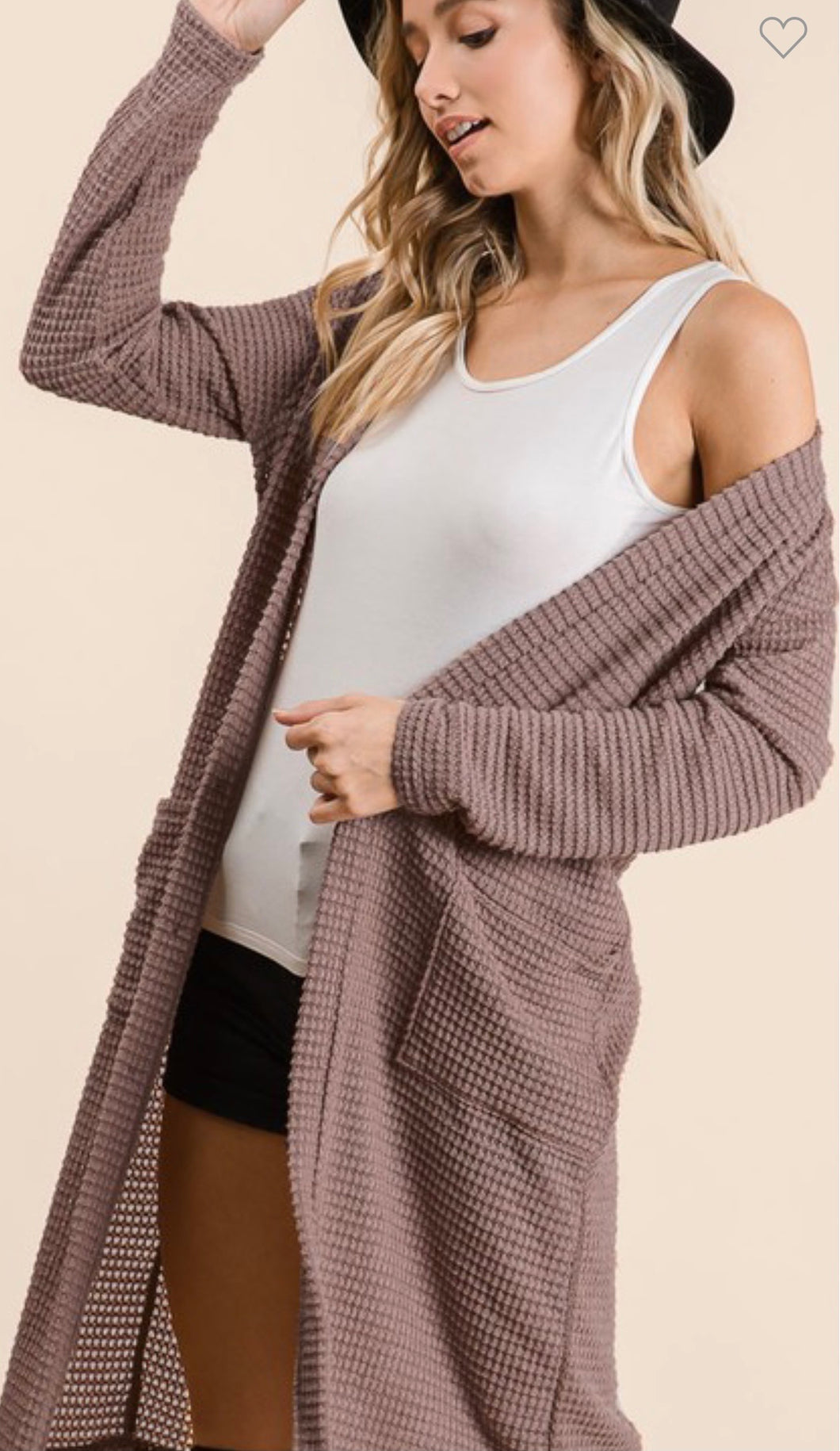 Popcorn Waffle Open Front Knee Length Cardigan- Mocha