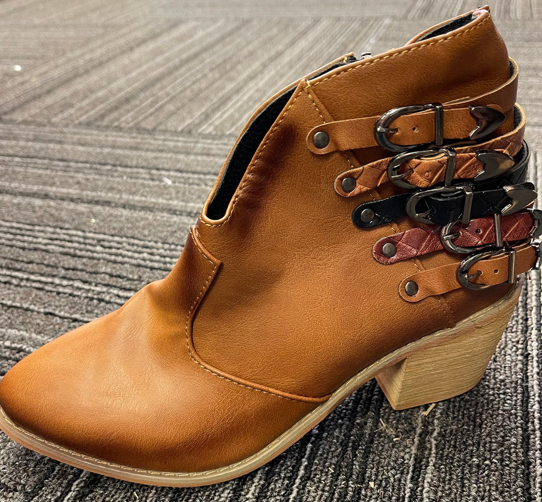 Brown Side Zip Buckle Booties
