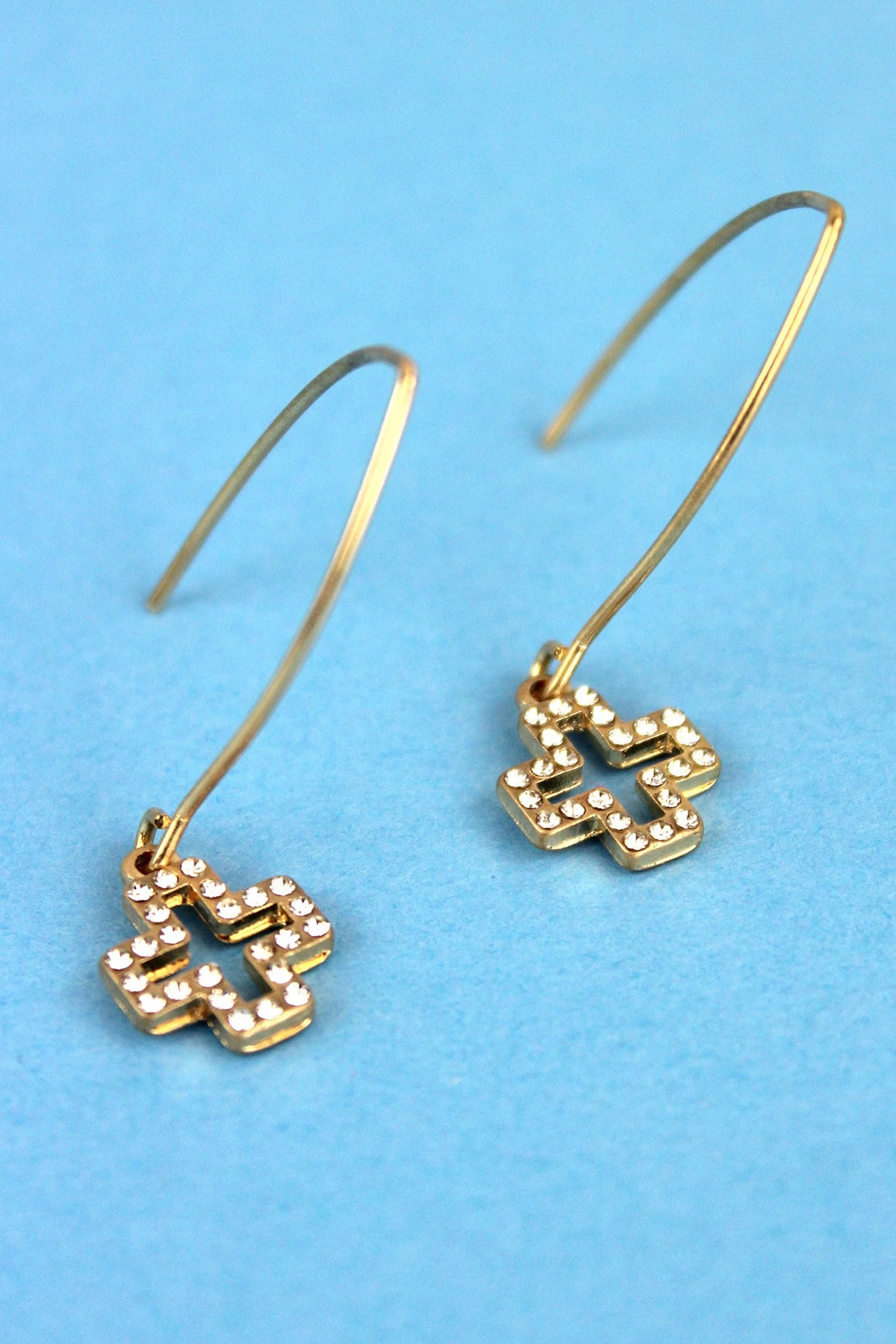 CRAVE GOLDTONE CRYSTAL SQUARE CROSS THREADER EARRINGS