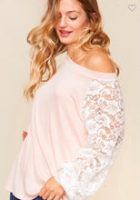 Load image into Gallery viewer, Blush Off the Shoulder Lace Bubble Long Sleeve Top
