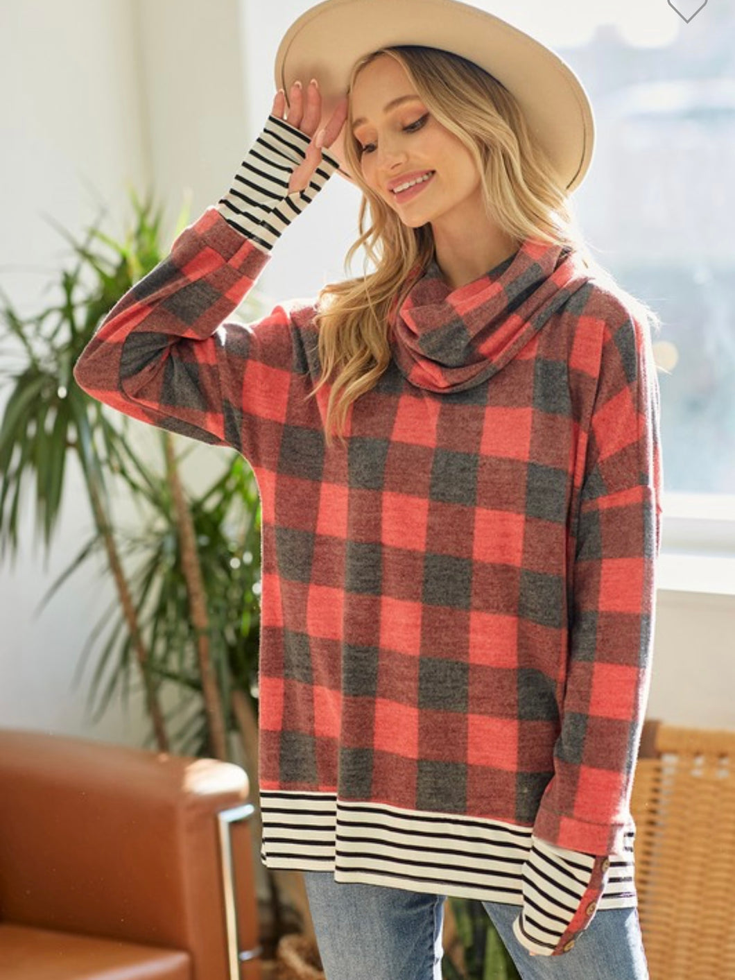 Red Brushed Plaid Cowl Neck Tunic