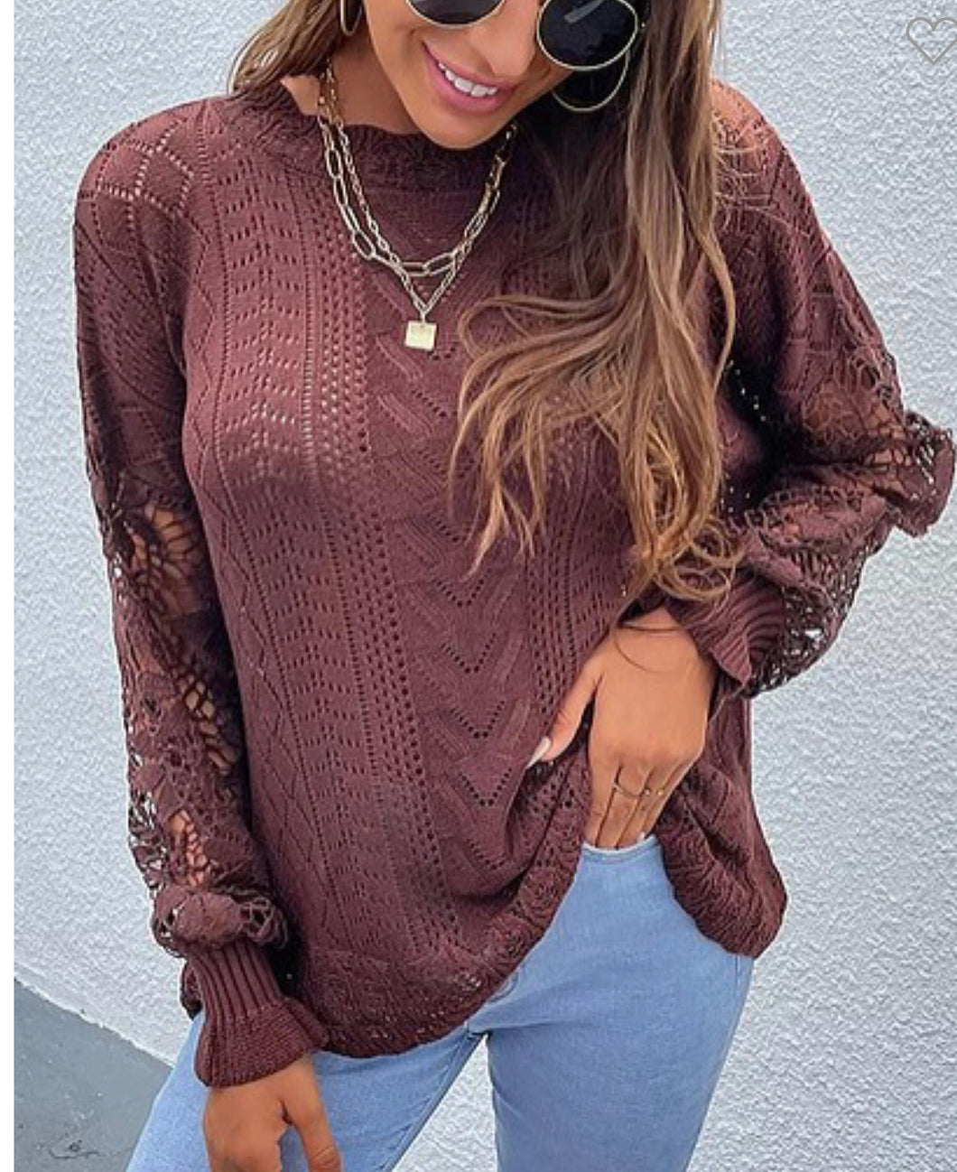 Brown Vintage Solid Open Knit Ruffle Sleeve Top