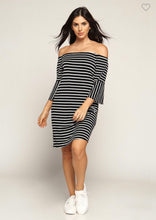 Load image into Gallery viewer, Black/White Striped Off the Shoulder Dress&quot;
