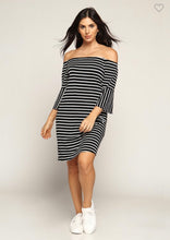 Load image into Gallery viewer, Black/White Striped Off the Shoulder Dress

