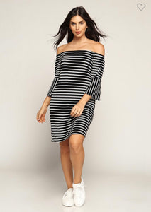 Black/White Striped Off the Shoulder Dress"