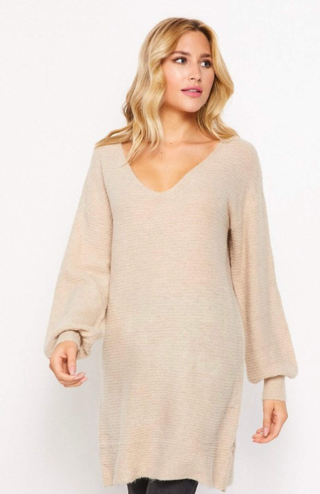 Beige Solid Long Sleeve Comfort Sweater