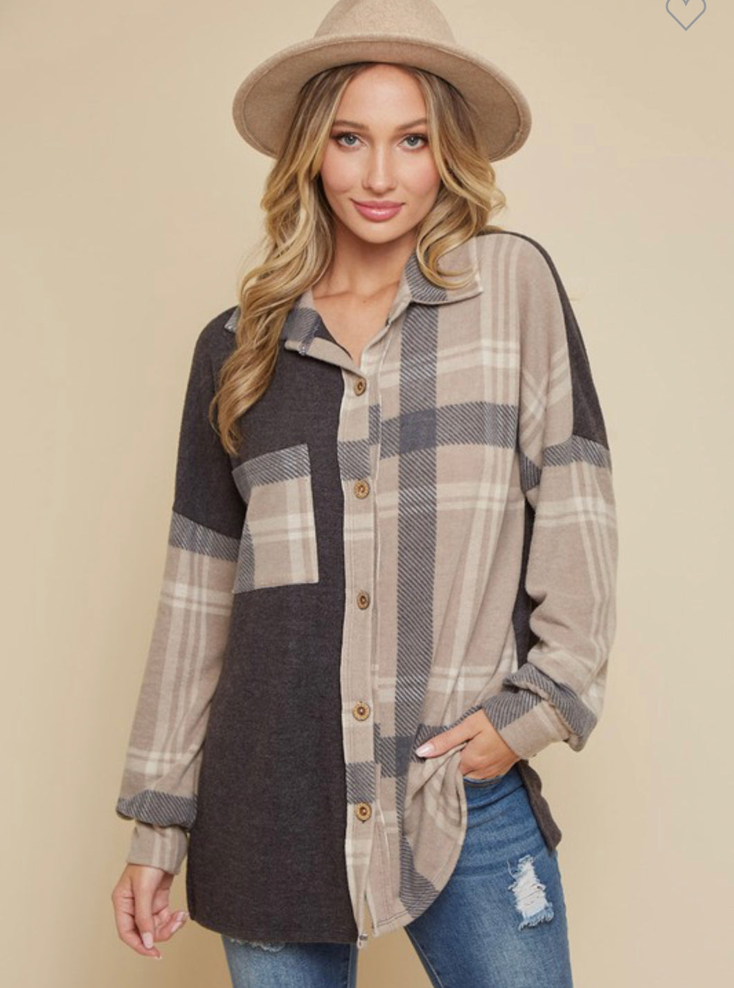 Taupe Plaid ColorBlock Shacket