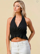 Load image into Gallery viewer, Black Halter Neck Ruffled Waist Crop Top
