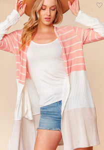 Waffle Knit Striped ColorBlock Open Cardigan