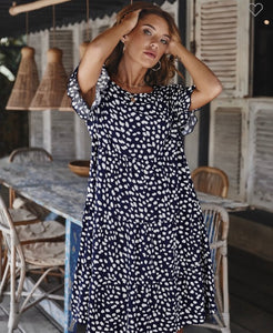 Navy Dotted Tiered Midi Dress