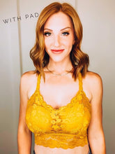 Load image into Gallery viewer, JadyK Mustard Juliette Racerback Lace Bralette
